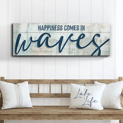 Happiness Comes In Waves canvas sign blue script on weathered wood Tailored Canvases on Tampa Home & Garden Store