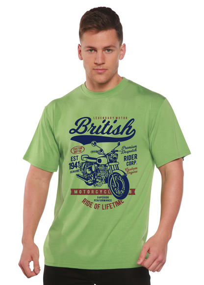British Motorcycle men's bamboo graphic short sleeve T-shirt in lime green by Spun Bamboo on Tampa Home & Garden Store