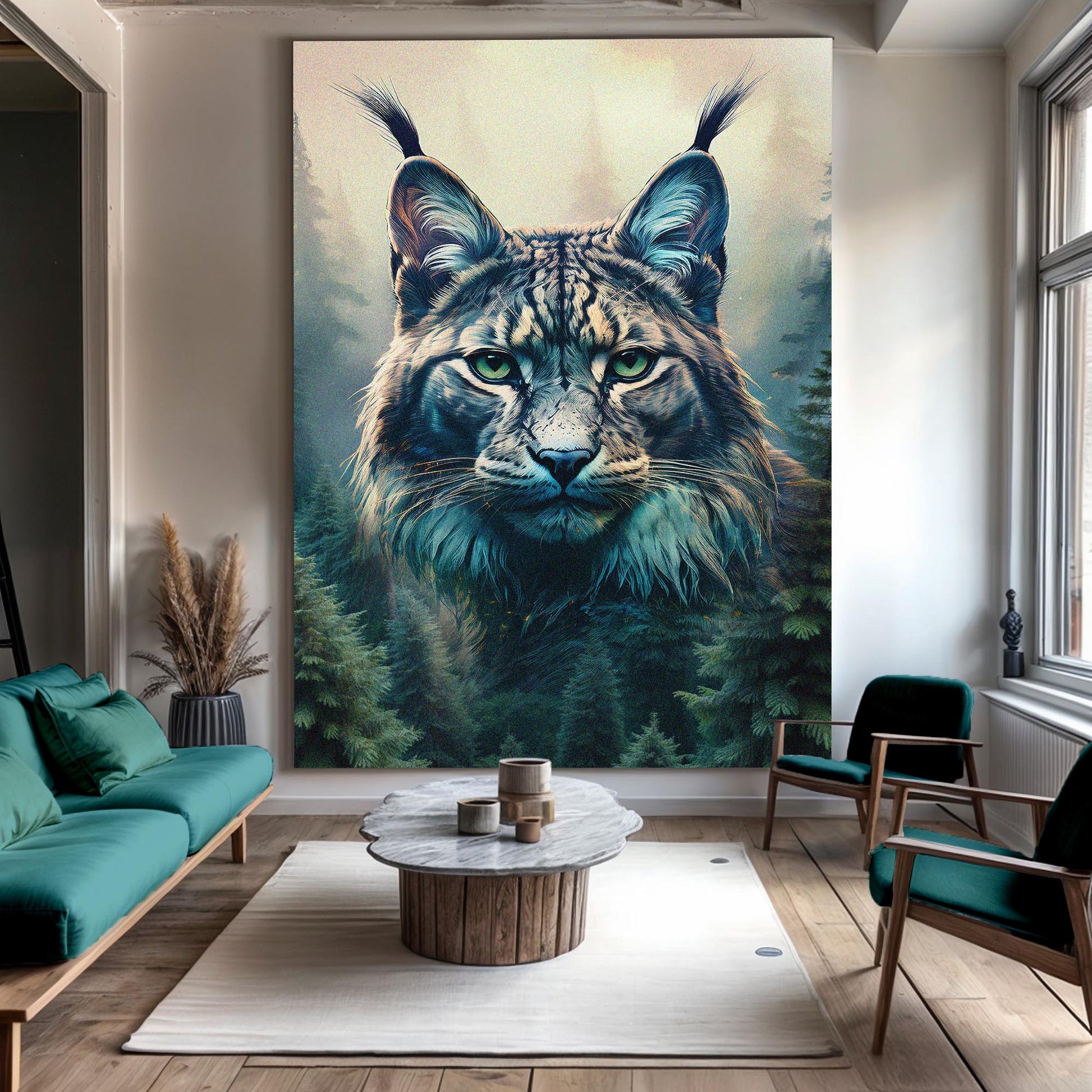 Lynx Double Exposure Wall Art Crafting Canvas by Tailored Canvases with teal fur and forest on Tampa Home & Garden Store
