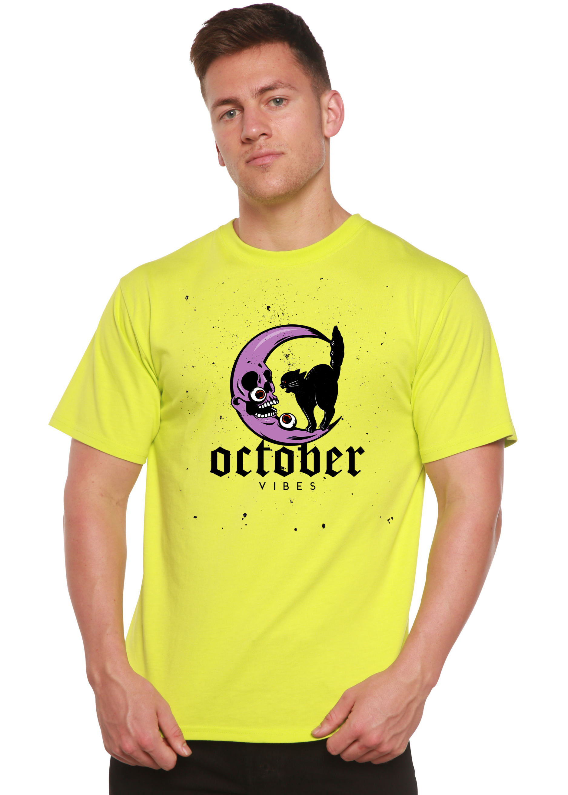 October Vibes men's neon yellow graphic T-shirt by Spun Bamboo with a moon and cat print on Tampa Home & Garden Store