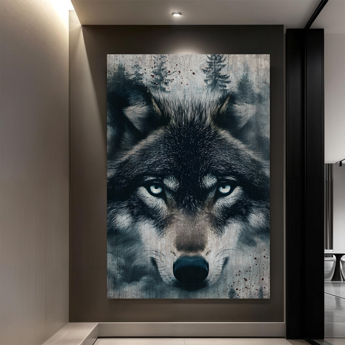 Wolf Double Exposure Wall Art III canvas featuring a wolf face with icy blue eyes by Tailored Canvases on Tampa Home & Garden Store