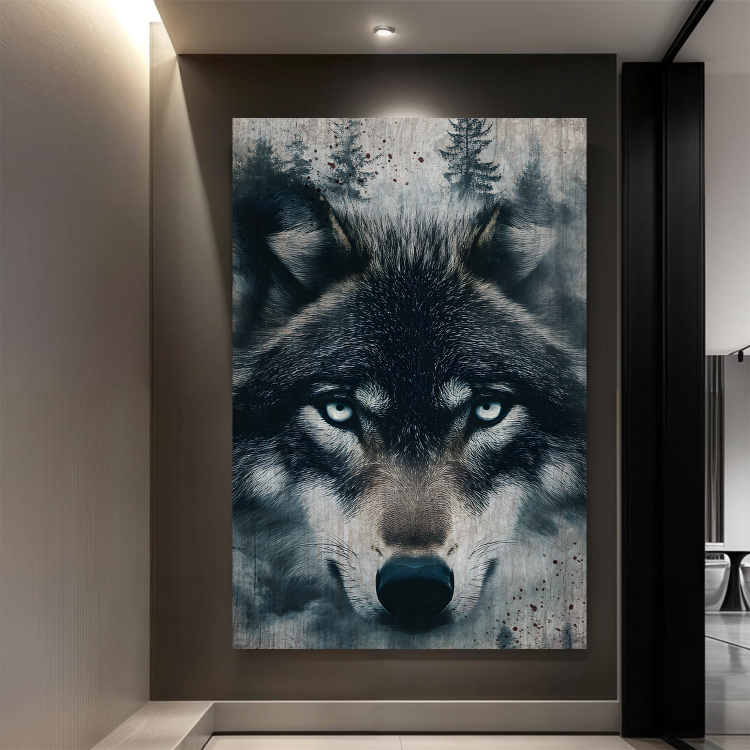 Wolf Double Exposure Wall Art III canvas featuring a wolf face with icy blue eyes by Tailored Canvases on Tampa Home & Garden Store
