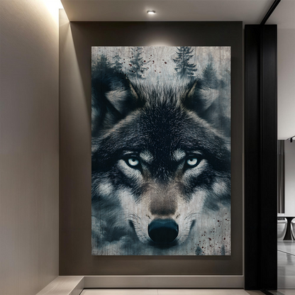 Wolf Double Exposure Wall Art III canvas featuring a wolf face with icy blue eyes by Tailored Canvases on Tampa Home & Garden Store