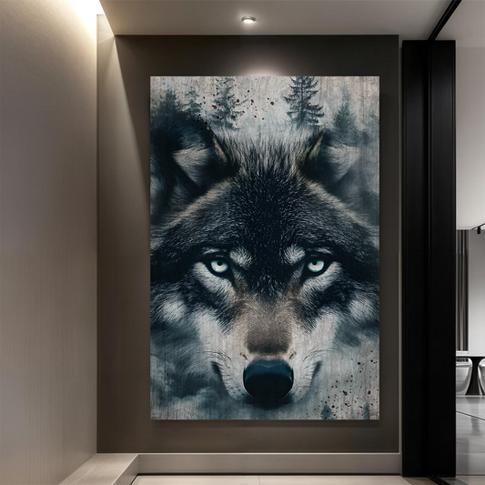 Wolf Double Exposure Wall Art III canvas featuring a wolf face with icy blue eyes by Tailored Canvases on Tampa Home & Garden Store