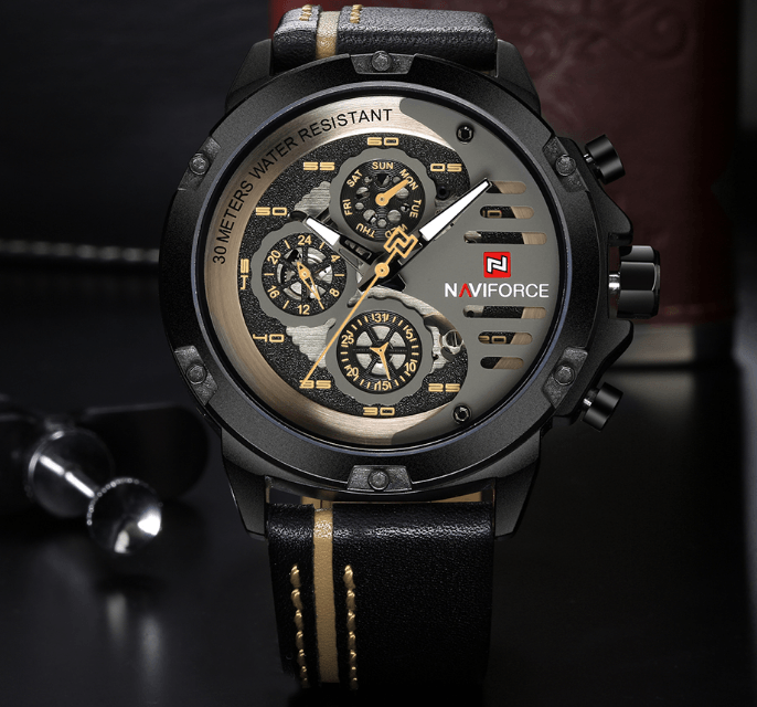 Men's Naviforce chronograph watch with black leather strap and stitching, gold-tone dial on Tampa Home & Garden Store
