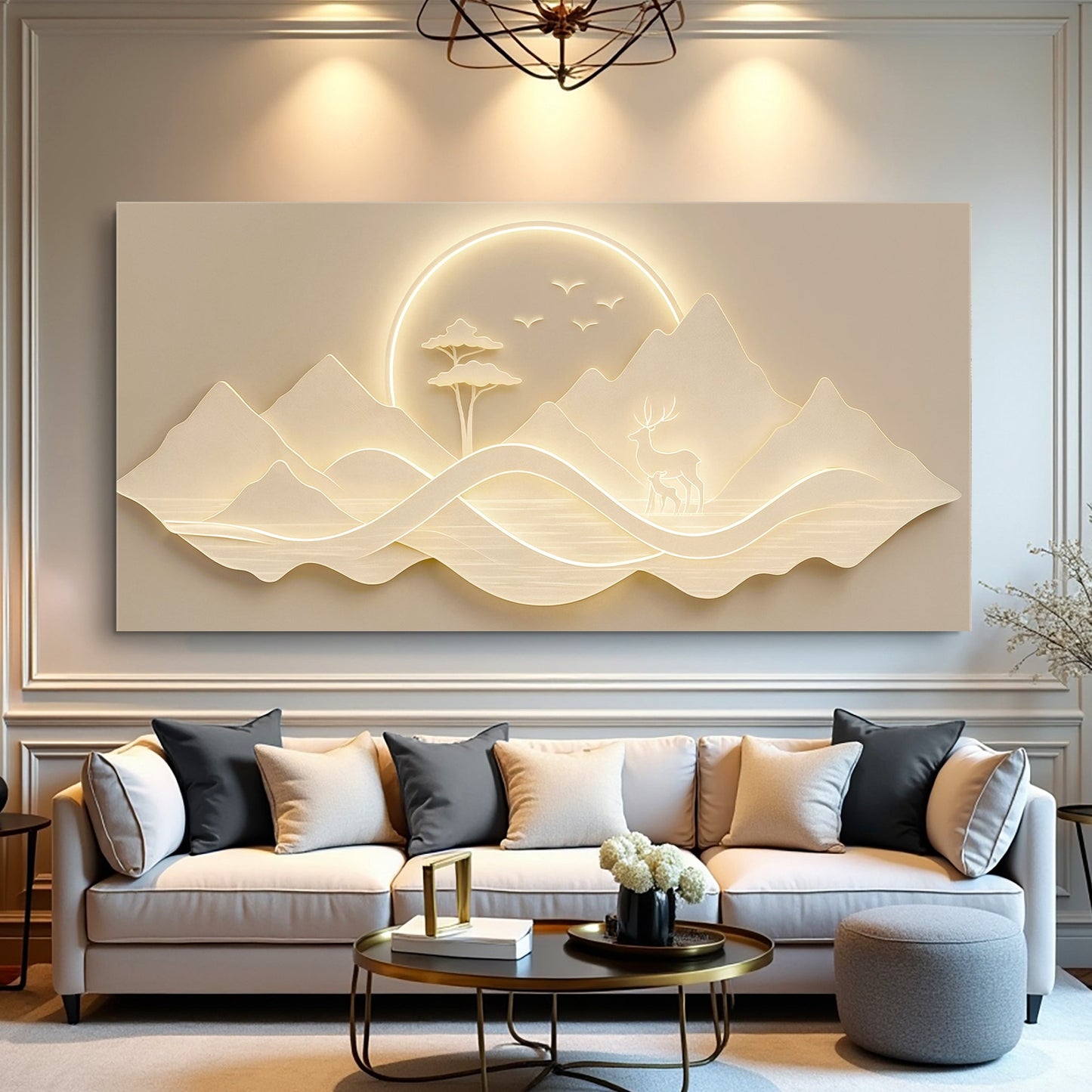 Modern Mountain Landscape Wall Art canvas with glowing sun arc over neutral-toned mountains on Tampa Home & Garden Store