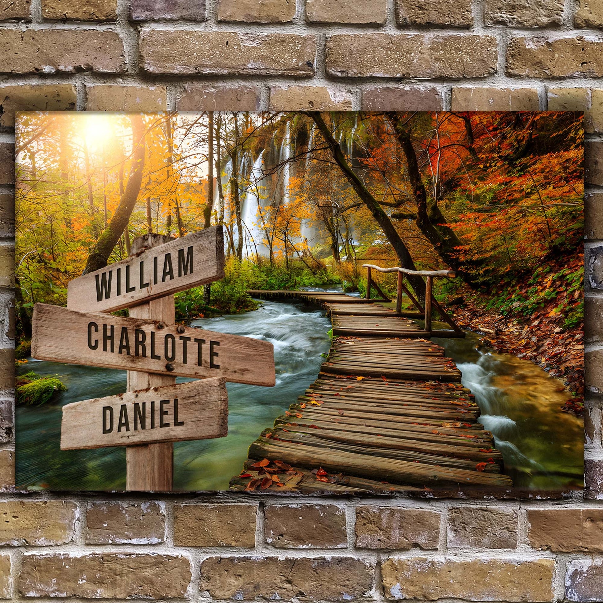 To The Woods Family Names Sign canvas with 3 wooden name boards William Charlotte Daniel on Tampa Home & Garden Store