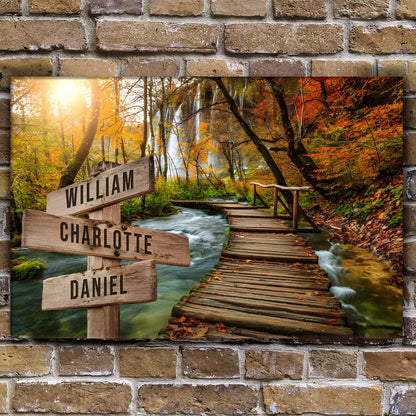 To The Woods Family Names Sign canvas with 3 wooden name boards William Charlotte Daniel on Tampa Home & Garden Store