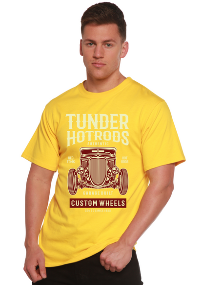Thunder Hotrods men's yellow bamboo graphic T-shirt with vintage car illustration Spun Bamboo on Tampa Home & Garden Store