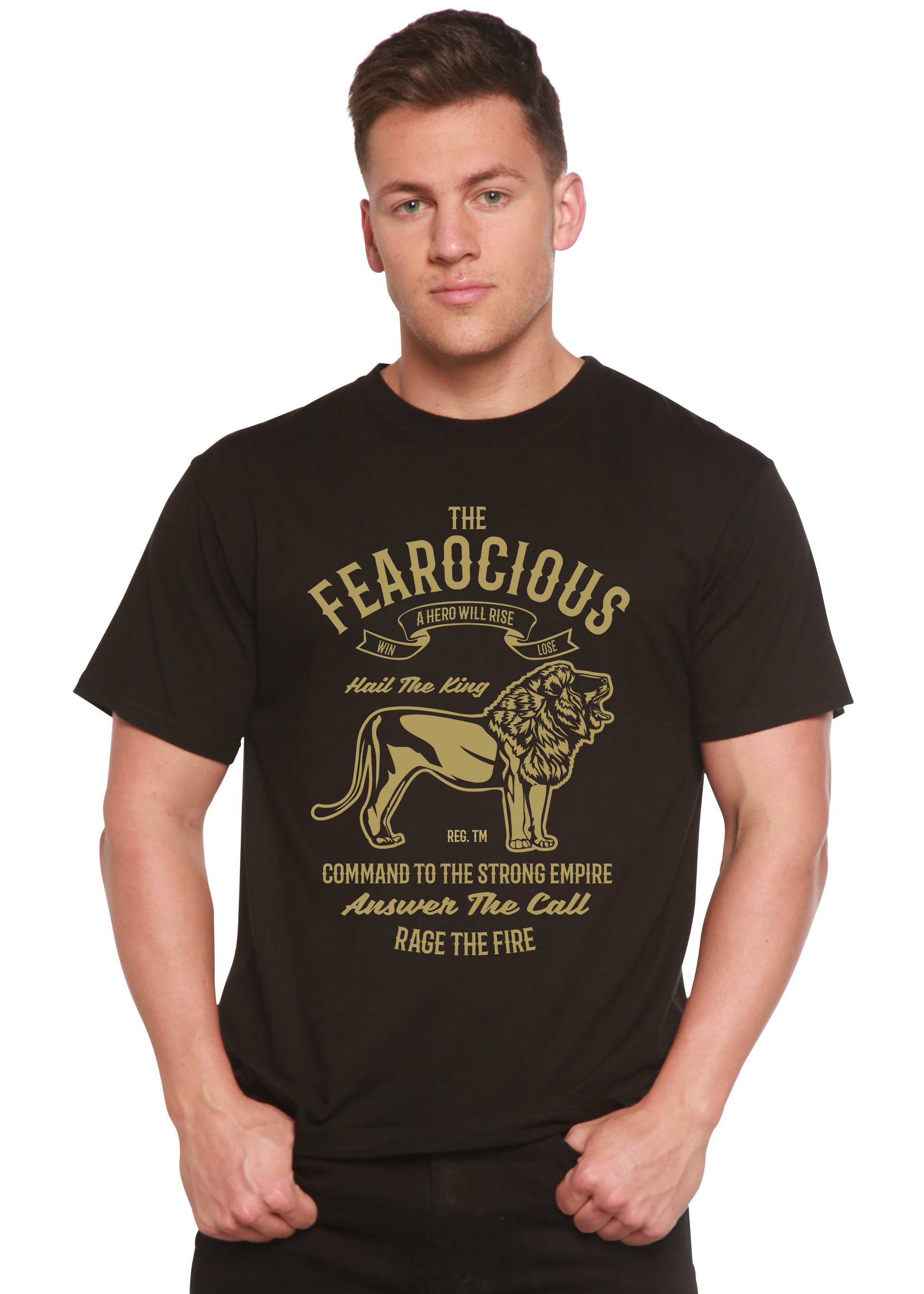 The Fearocious Spun Bamboo men's short sleeve graphic tee in black with gold lion print on Tampa Home & Garden Store