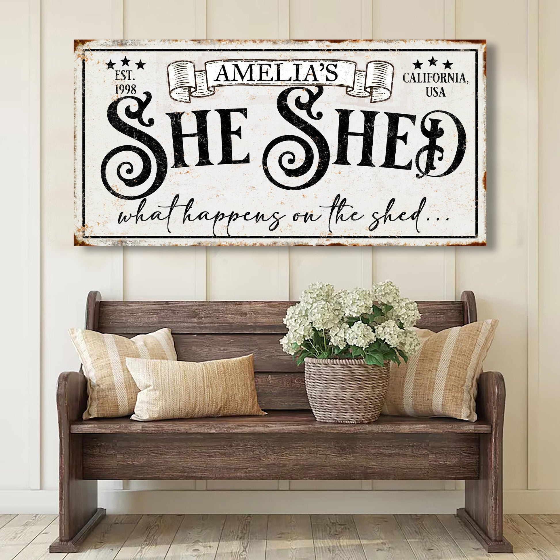 Personalized She Shed Sign IV canvas by Tailored Canvases with cream and black lettering on Tampa Home & Garden Store