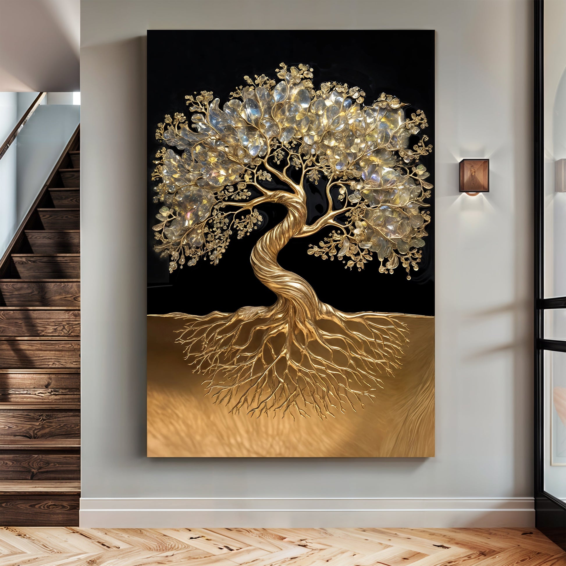 3D Minimalist Tree of Life Canvas by Tailored Canvases with gold trunk and crystal leaves on Tampa Home & Garden Store