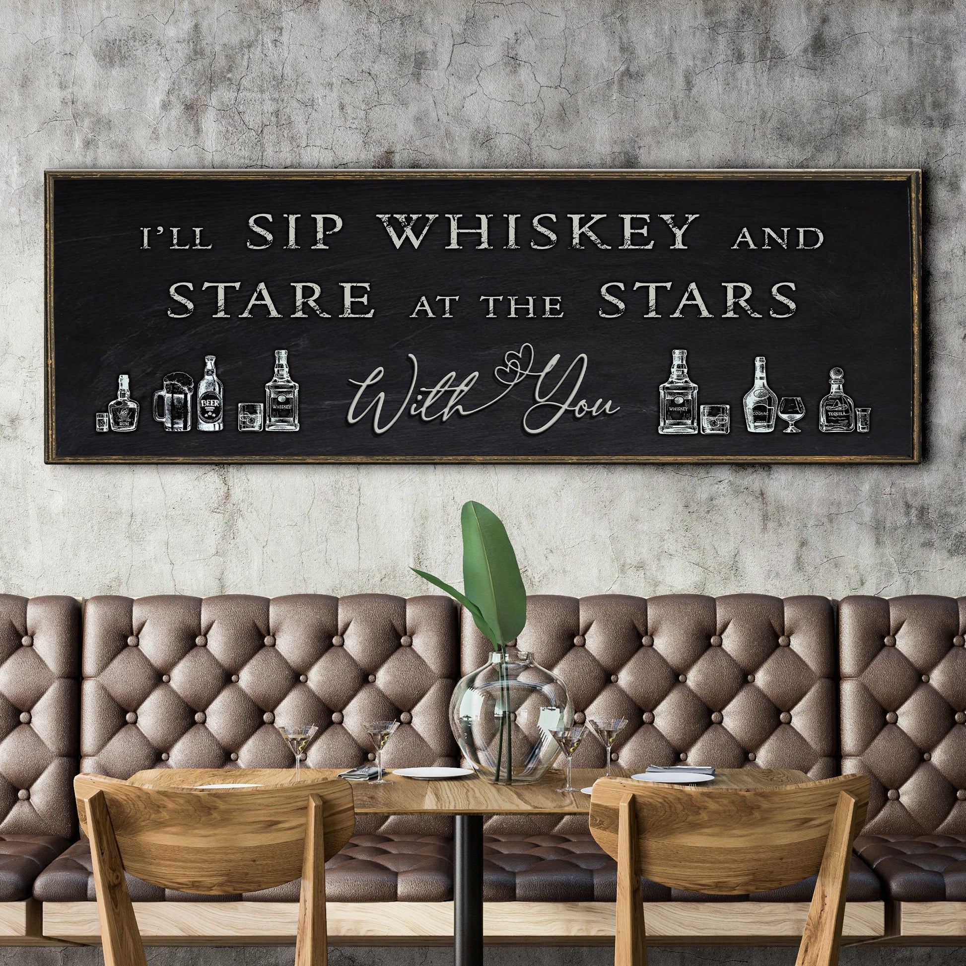 Tailored Canvases canvas bar sign II with whiskey bottles and stars text on rustic frame on Tampa Home & Garden Store