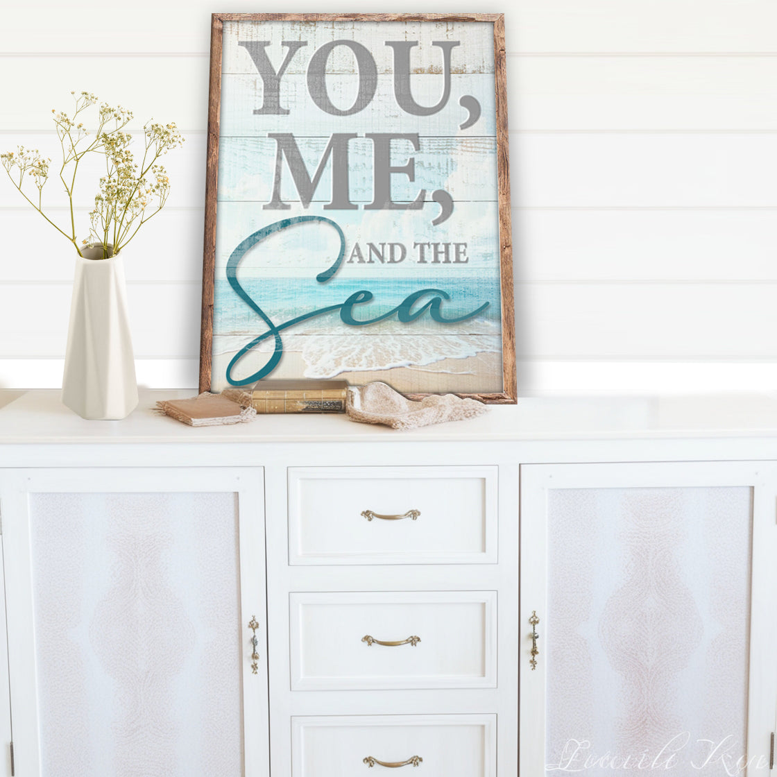 Canvas You Me and the Sea II coastal sign with rustic wood frame and ocean blue script on Tampa Home & Garden Store