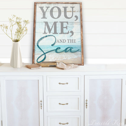 Canvas You Me and the Sea II coastal sign with rustic wood frame and ocean blue script on Tampa Home & Garden Store