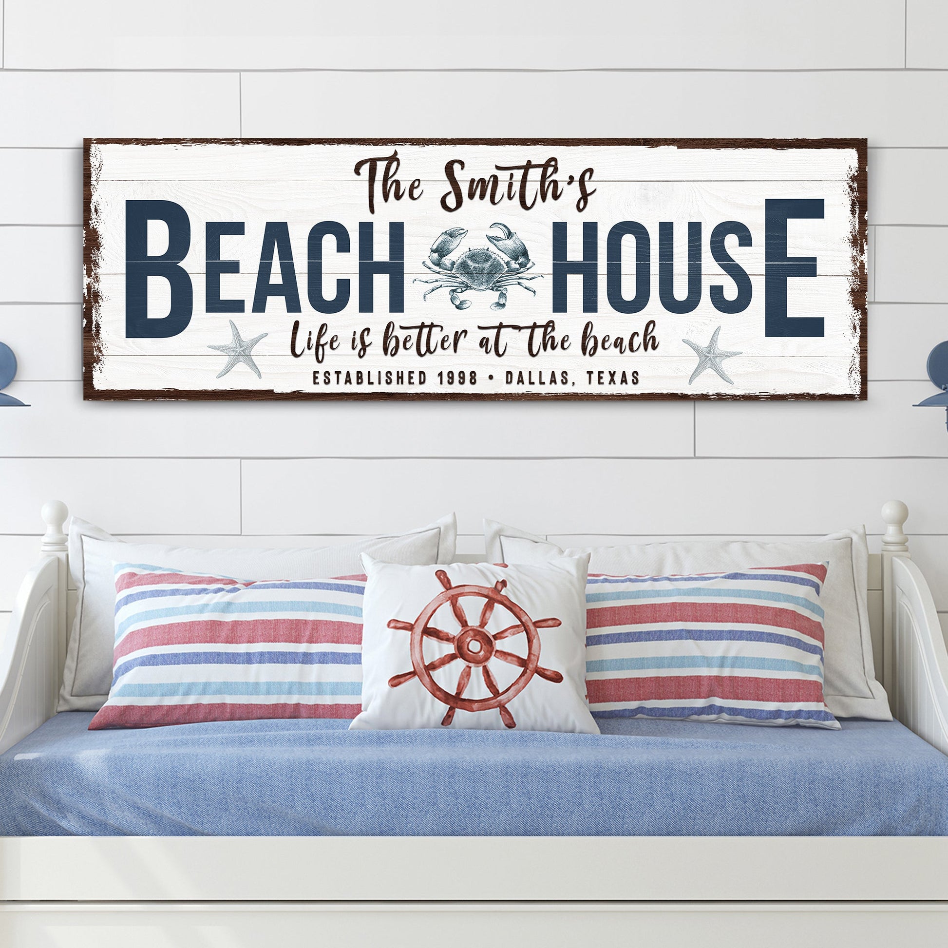 Personalized Beach House Sign canvas with BEACH HOUSE, The Smith's crab on white wood on Tampa Home & Garden Store