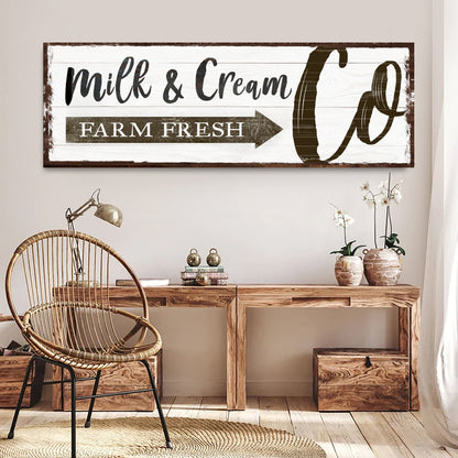 Canvas sign Farm Fresh Milk & Cream Co on white planks with brown frame Tailored Canvases on Tampa Home & Garden Store