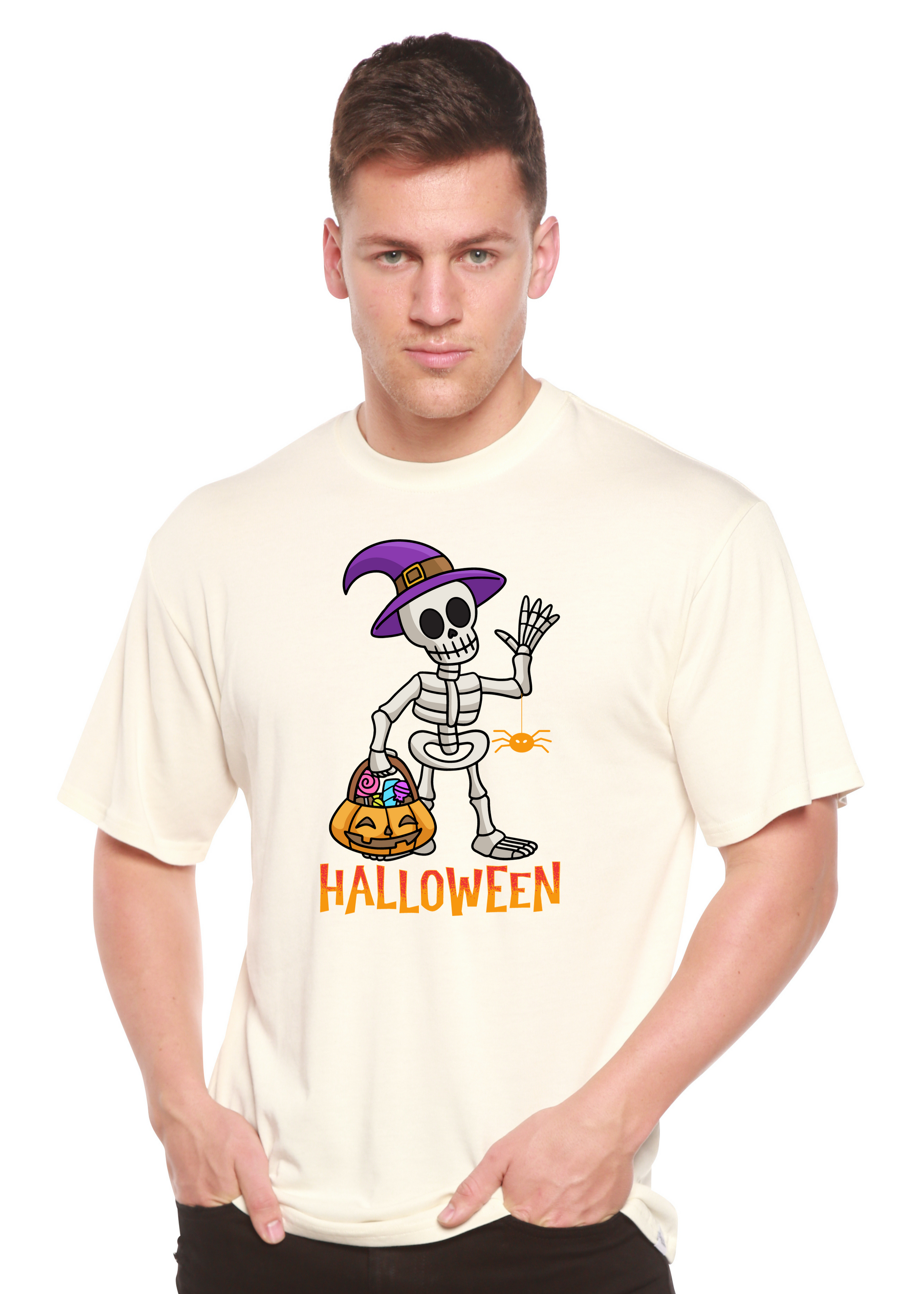 Happy Halloween cream bamboo viscose/organic cotton tee with skeleton in purple witch hat on Tampa Home & Garden Store