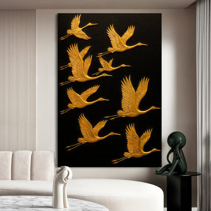 Abstract Sandhill Cranes Canvas wall art with several gold cranes by Tailored Canvases on black on Tampa Home & Garden Store