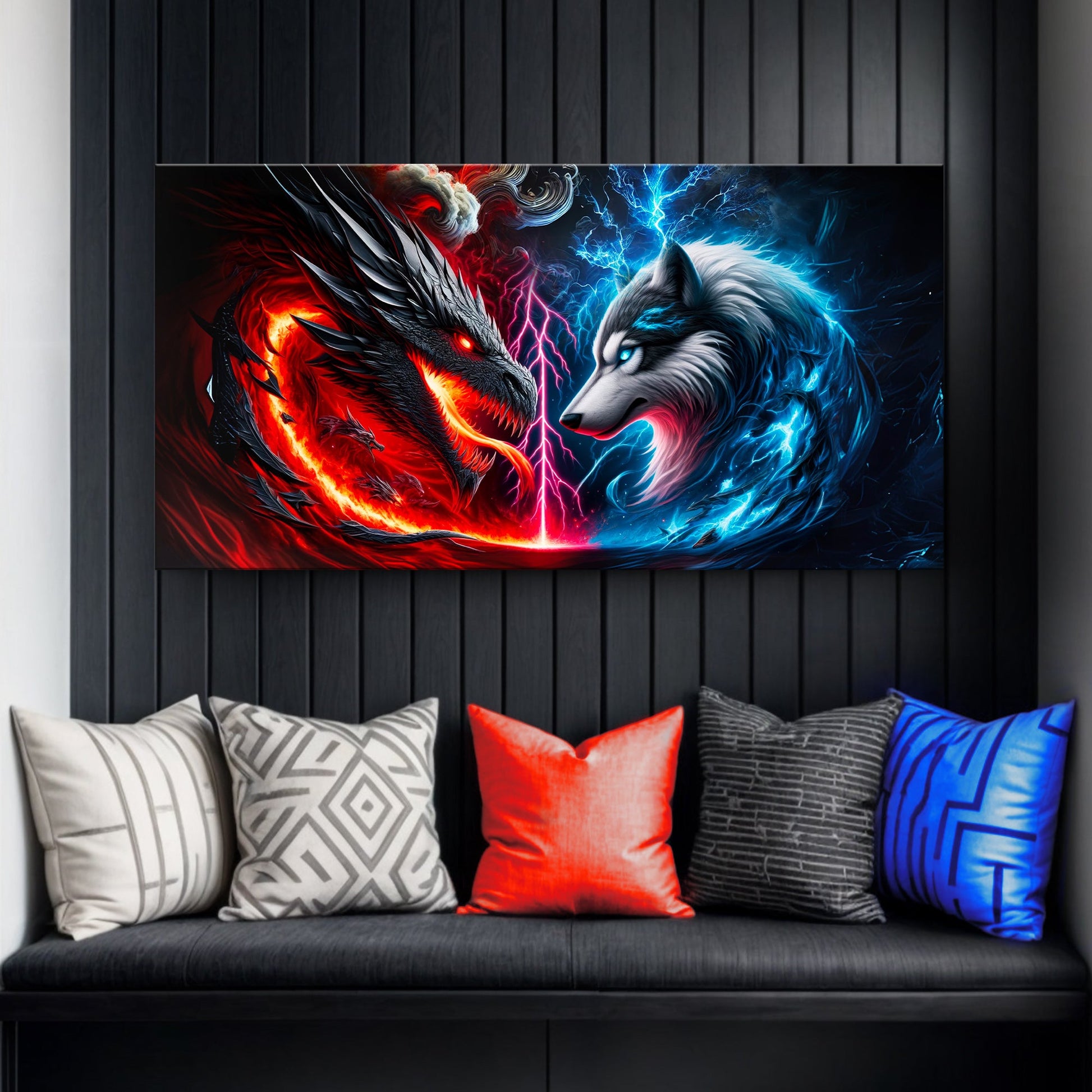 3D Dragon and Wolf Wall Art VI canvas by Tailored Canvases; fiery red dragon facing blue wolf on Tampa Home & Garden Store
