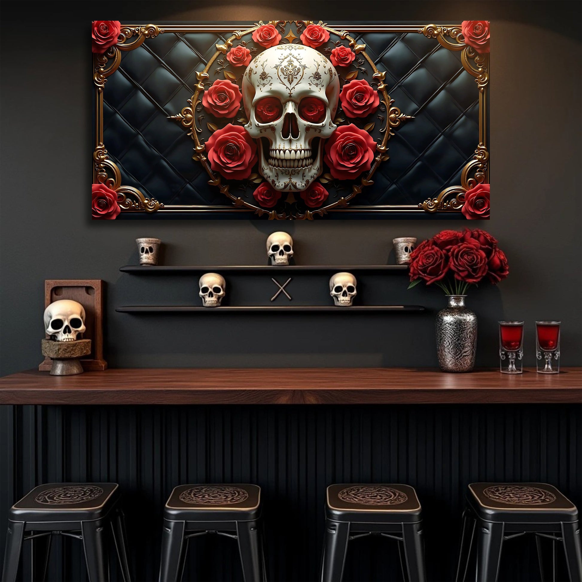 3D Rose and Skull Wall Art VII canvas with gold frame, red roses on a tufted dark backdrop on Tampa Home & Garden Store