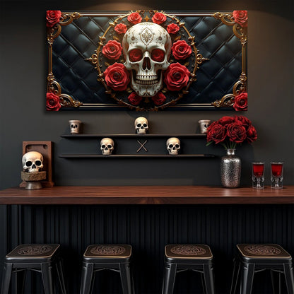 3D Rose and Skull Wall Art VII canvas with gold frame, red roses on a tufted dark backdrop on Tampa Home & Garden Store