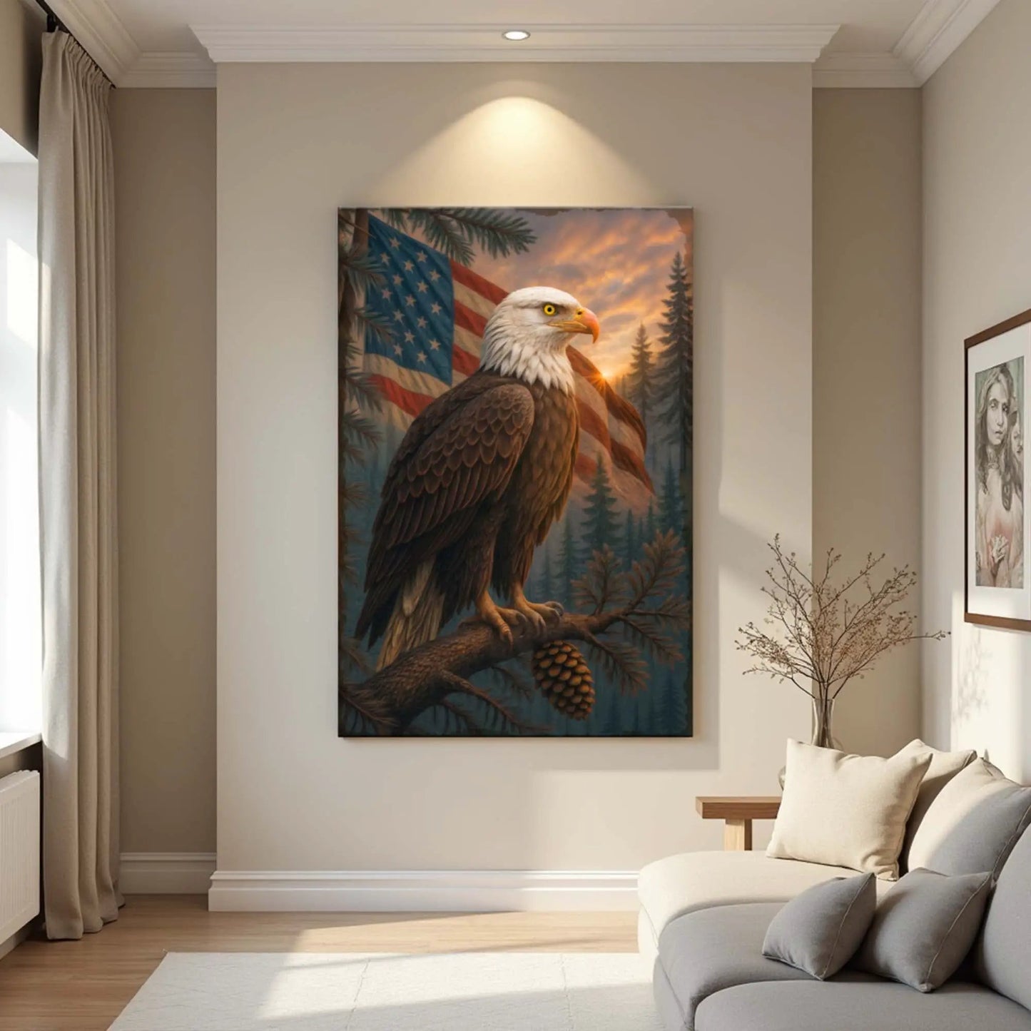 Canvas wall art Sentinel of the Pines Eagle with a pine perch and American flag backdrop on Tampa Home & Garden Store