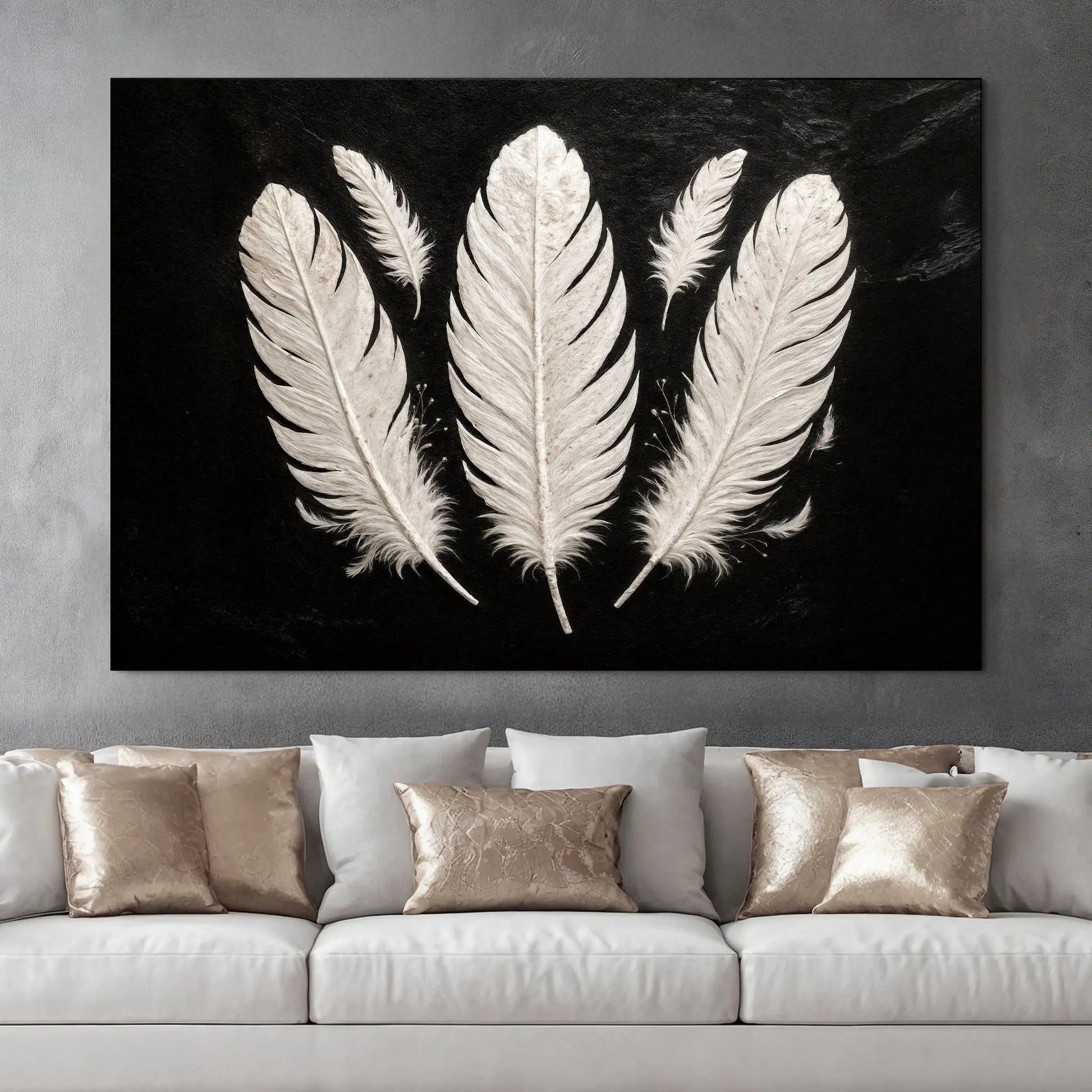 Minimalist Monochrome Feather Wall Art by Tailored Canvases white feathers on black background on Tampa Home & Garden Store