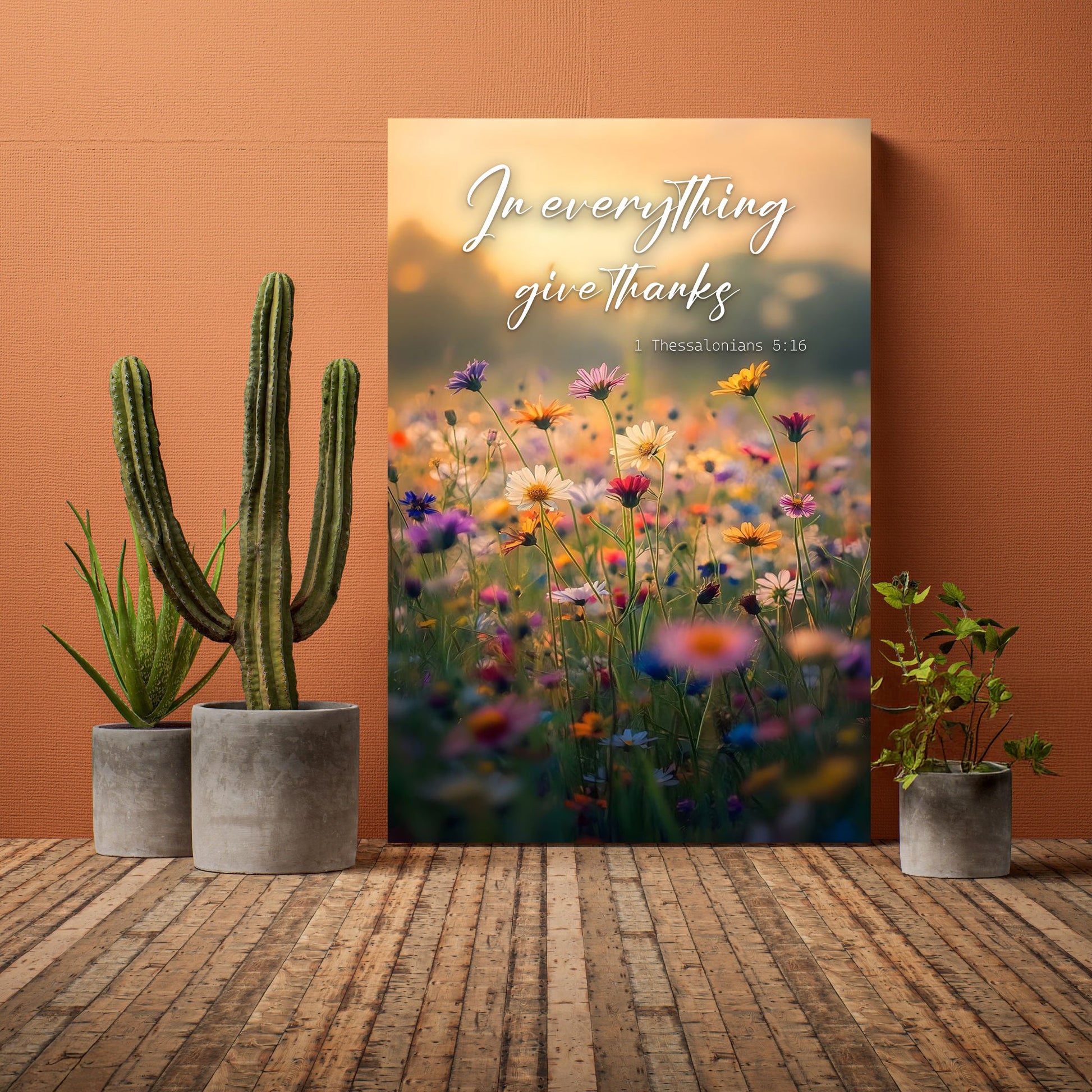 In Everything Give Thanks Faith Wall Sign canvas by Tailored Canvases with floral meadow sunset on Tampa Home & Garden Store