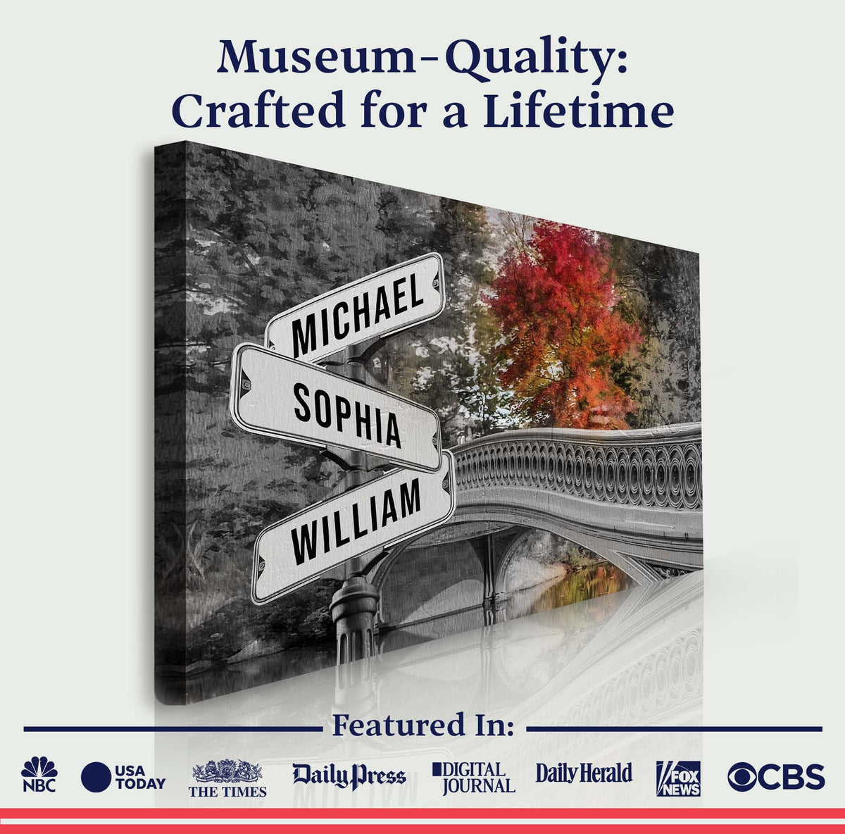 Autumn Bridge Family Names Sign canvas with street signs Michael, Sophia, William on Tampa Home & Garden Store