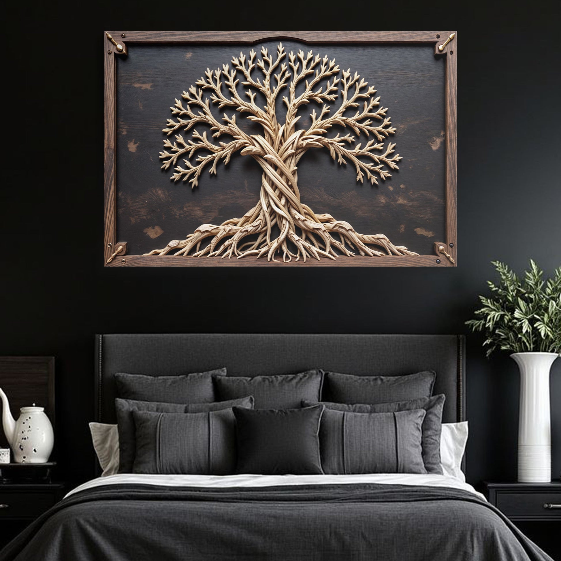 3D Celtic Tree of Life canvas wall art with woven trunk and branching limbs, dark frame on Tampa Home & Garden Store