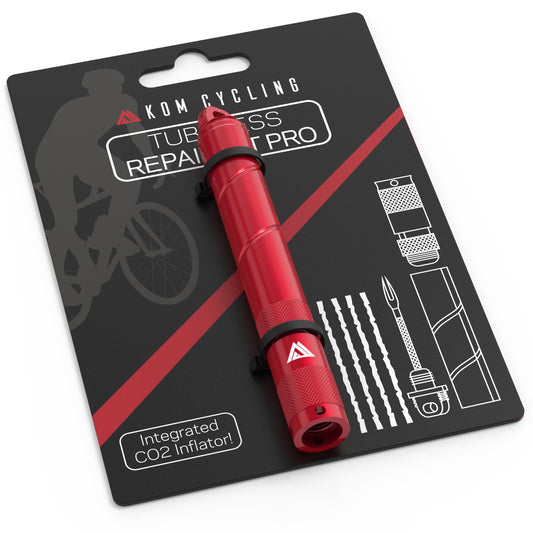 Tire Repair Tool PRO by KOM Cycling, red CO2 inflator on black packaging card on Tampa Home & Garden Store