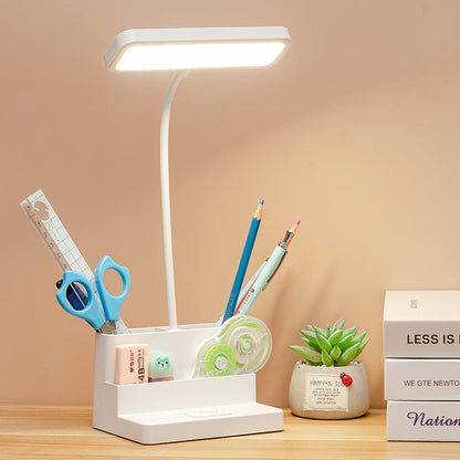White LED desk lamp with pen storage and curved stem, dimmable for study and bedside on Tampa Home & Garden Store