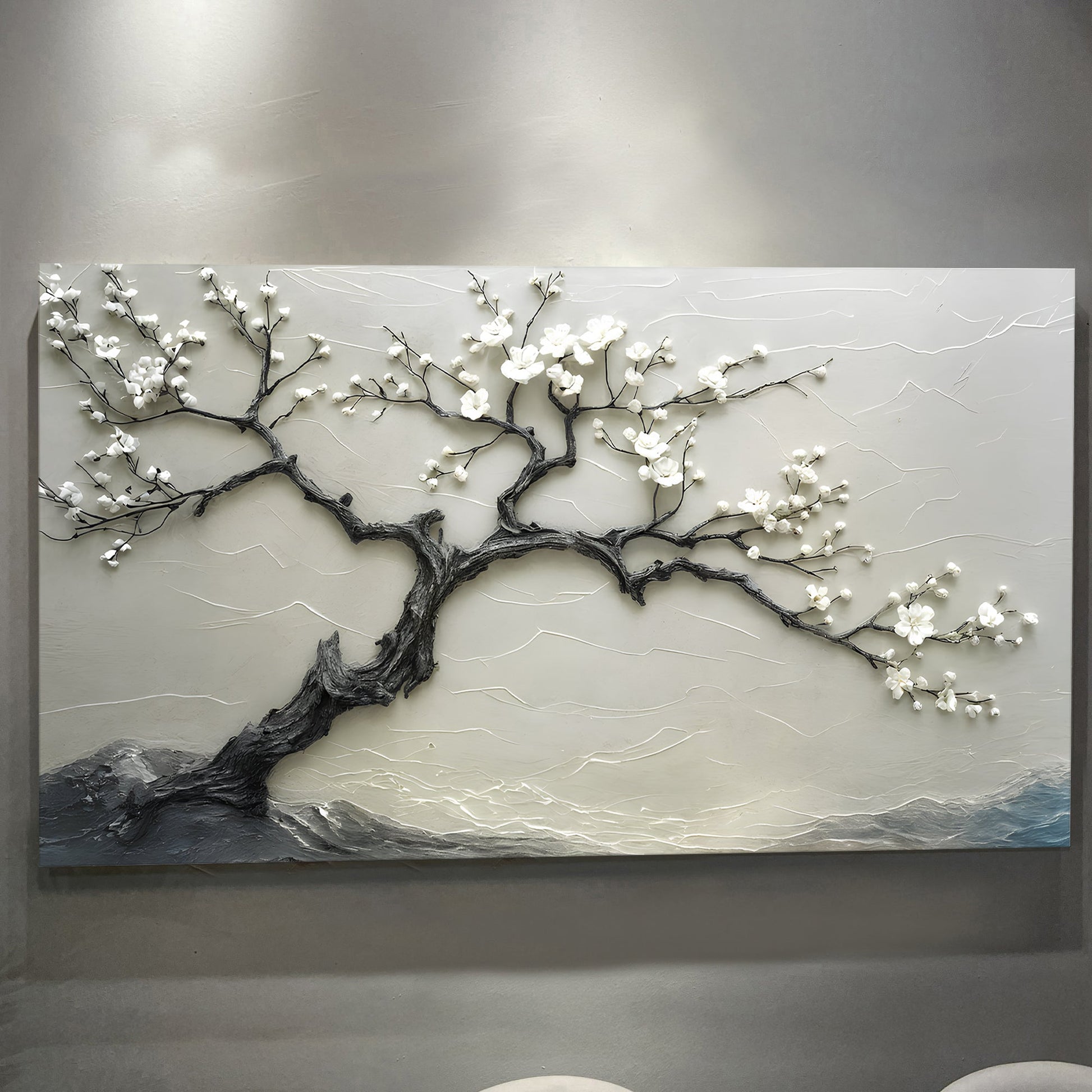Silent Blossom canvas wall art with white blossoms on dark branches over gray backdrop on Tampa Home & Garden Store
