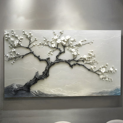 Silent Blossom canvas wall art with white blossoms on dark branches over gray backdrop on Tampa Home & Garden Store