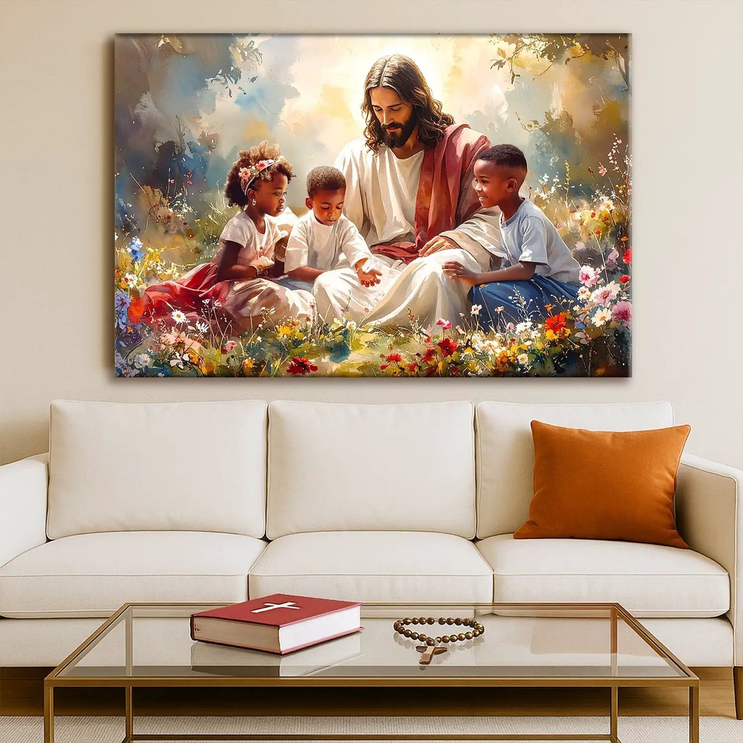 Jesus With Children Faith Wall Art VIII canvas by Tailored Canvases in a colorful meadow on Tampa Home & Garden Store