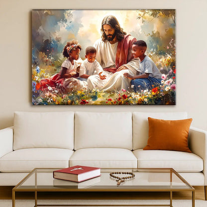 Jesus With Children Faith Wall Art VIII canvas by Tailored Canvases in a colorful meadow on Tampa Home & Garden Store