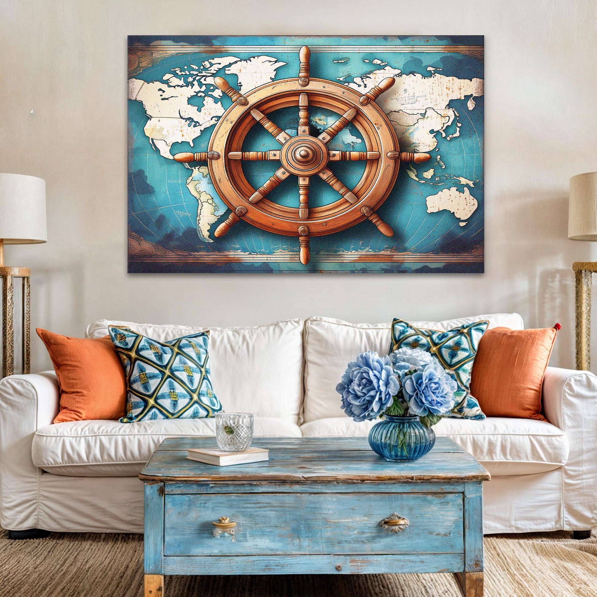 Canvas sailboat ship wheel coastal wall art with a wooden helm over a teal world map on Tampa Home & Garden Store