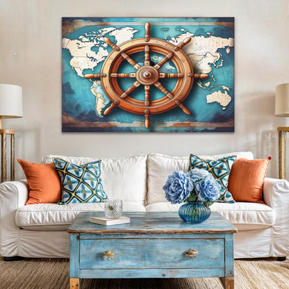 Canvas sailboat ship wheel coastal wall art with a wooden helm over a teal world map on Tampa Home & Garden Store