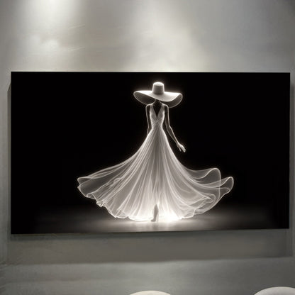 Modern Glam Fashion Wall Art canvas featuring a glowing white gown and wide-brim hat on black on Tampa Home & Garden Store