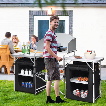 2 Folding Camping Tables with Storage Organizer GemGear, black and silver cooking station on Tampa Home & Garden Store