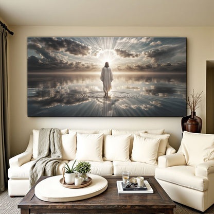 Walking on Water Wall Art III canvas by Tailored Canvases, figure in white robe stands in water on Tampa Home & Garden Store