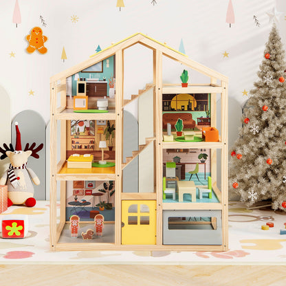 Natural wooden dollhouse with multiple rooms, stairs, and colorful furniture pieces on Tampa Home & Garden Store