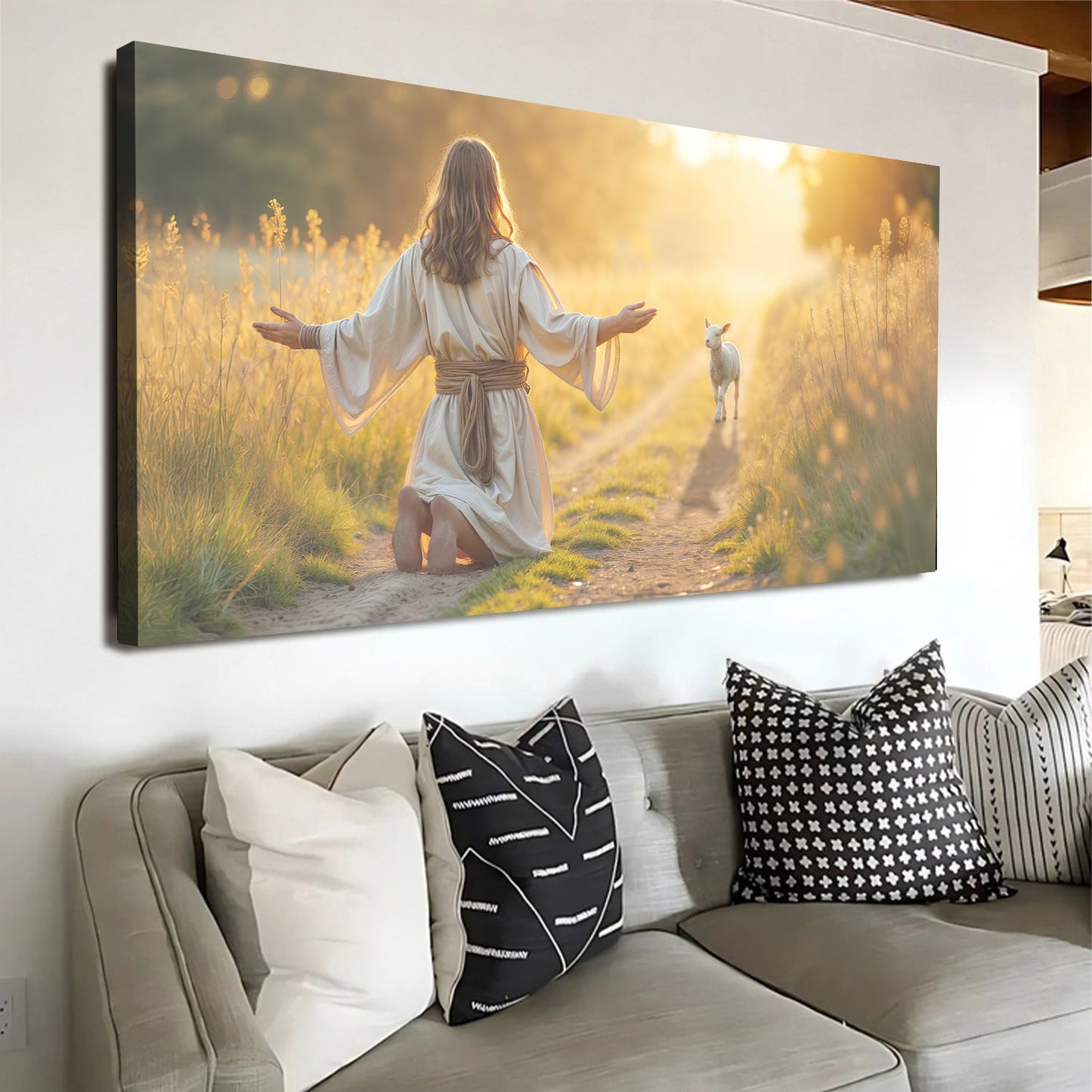 Jesus Protects The Lamb From Wolves IX canvas Tailored Canvases kneeling figure with lamb on Tampa Home & Garden Store