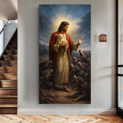 Canvas wall art Jesus protects the lamb from wolves in a red robe by Tailored Canvases on Tampa Home & Garden Store