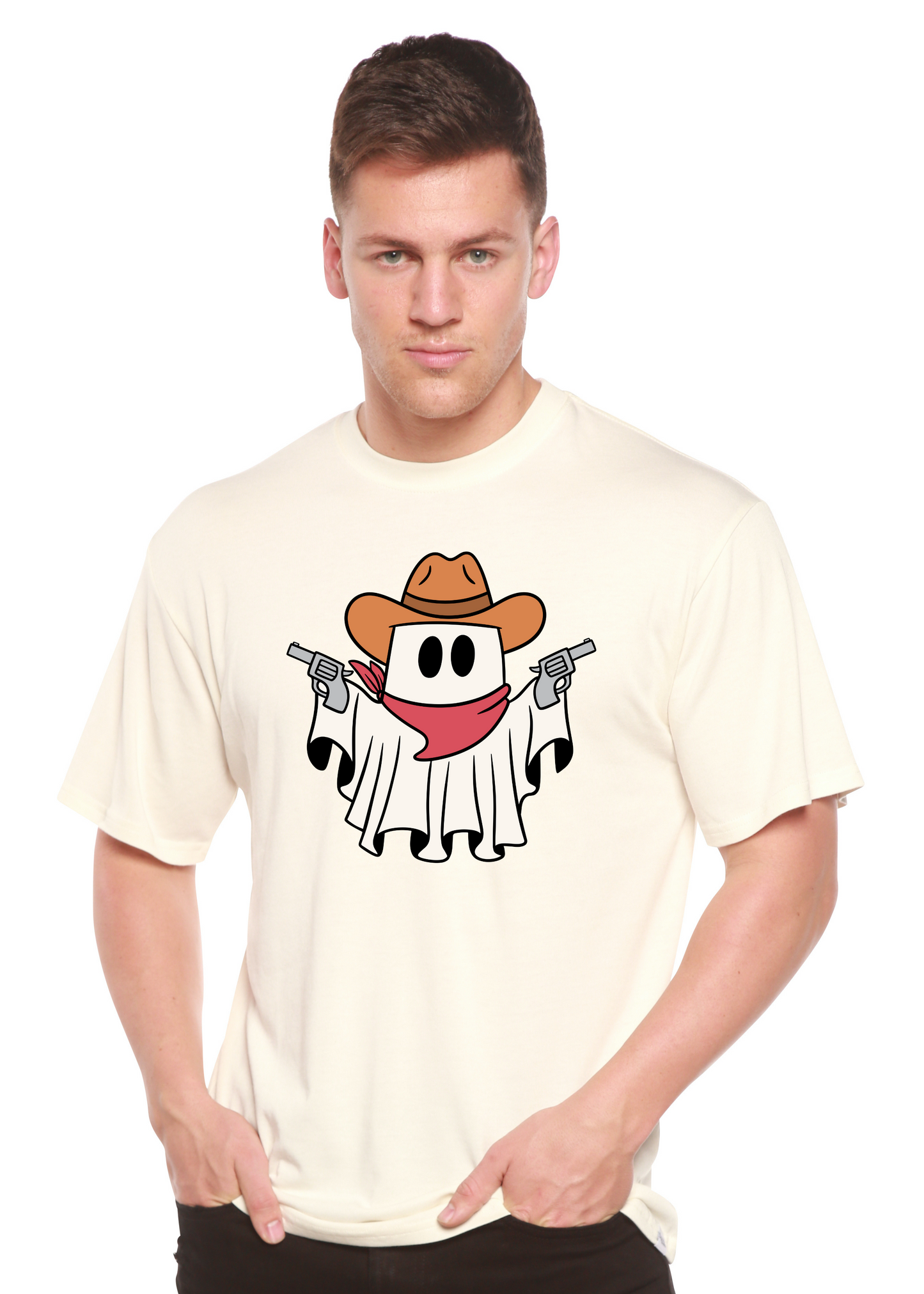 Cowboy Ghost graphic unisex bamboo viscose/organic cotton short sleeve tee in cream on Tampa Home & Garden Store