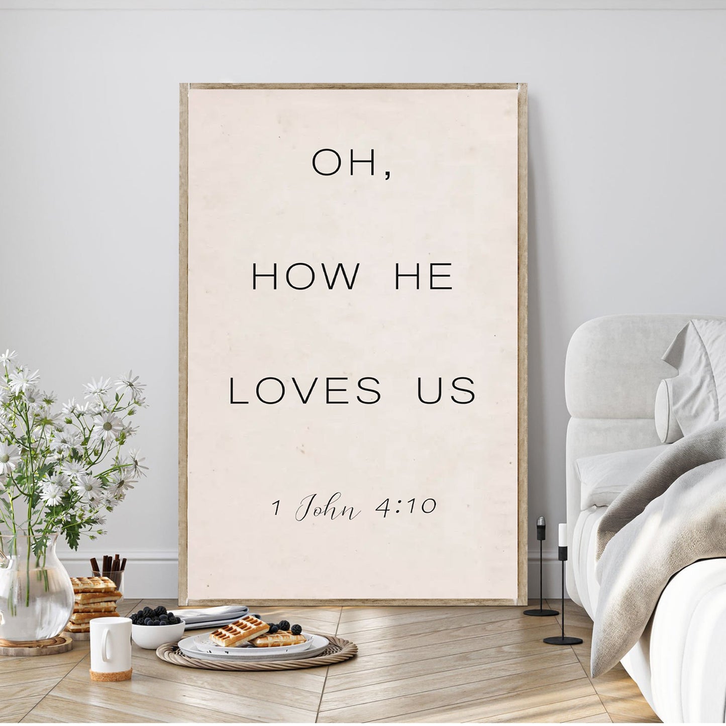 Tailored Canvases canvas sign 1 John 4:9-10 Oh How He Loves Us, Faith Sign II, rustic wood frame on Tampa Home & Garden Store