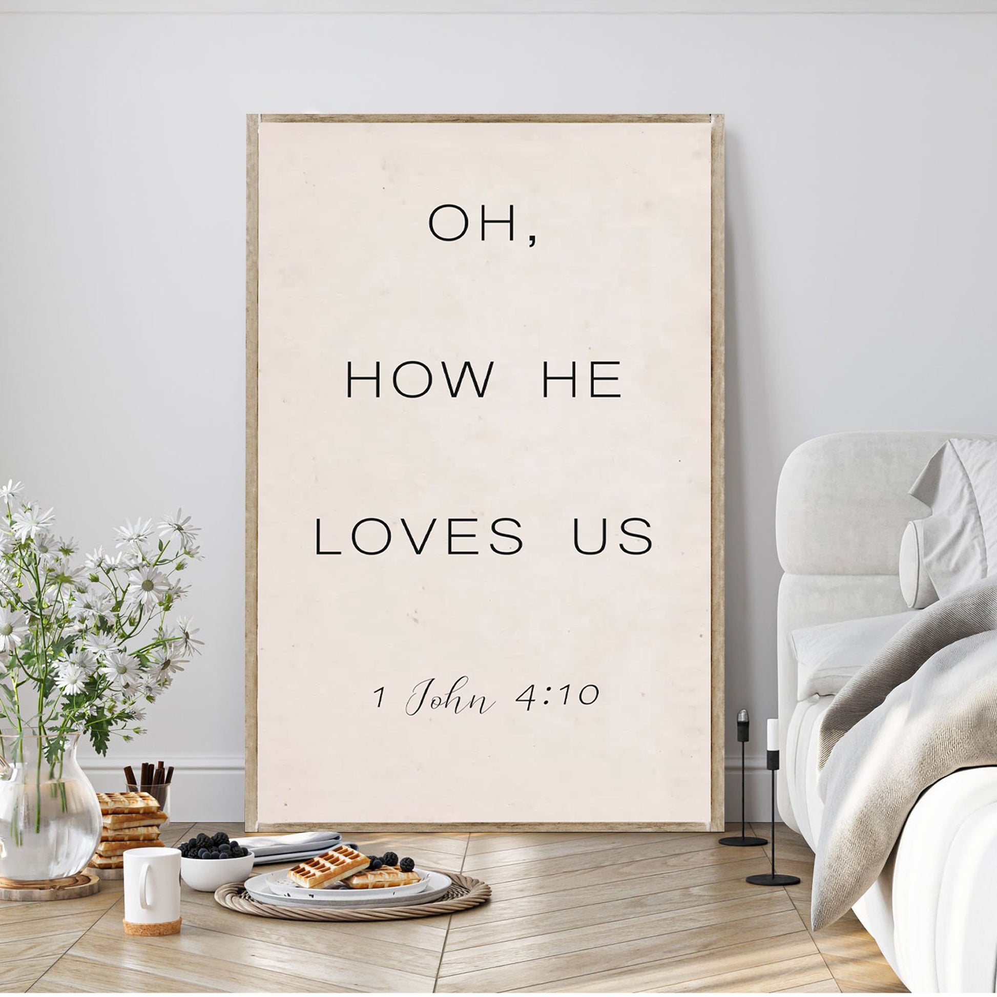 Tailored Canvases canvas sign 1 John 4:9-10 Oh How He Loves Us, Faith Sign II, rustic wood frame on Tampa Home & Garden Store