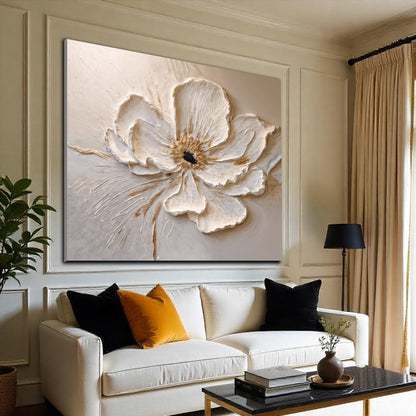 Floral Wall Art III canvas featuring a large textured white flower on a warm beige background on Tampa Home & Garden Store