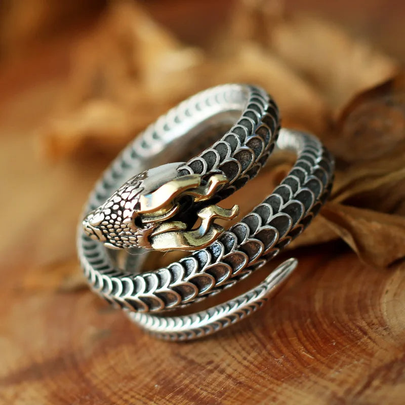 Draco Coil Ring by BikerZoneZ, silver-toned dragon-scale wrap ring with dragon head clasp on Tampa Home & Garden Store